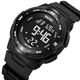 Digital Uhren Herren Damen, 5 ATM Wasserdicht Sports Outdoor Digitaluhren, Led-Hintergrundbeleuchtung Elektronische Chronograph, Mit Wecker, Kalender, Stoppuhr,Schwarz
