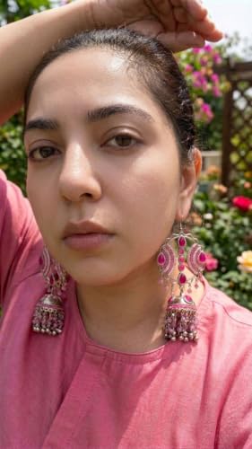 Image of Fuschianet Accessories New Maula Mere Maula Mehru Rani Pink Silver Alloy Oxidized Paisley Large Jhumka Earrings for Women and Girls