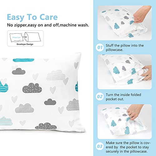 Image of TILLYOU Toddler Pillowcase 2 Pack with Envelope Closure,Silky Soft Microfiber 13 inch x 18 inch Kids Travel Pillow Cases,Blue Clouds & Blue Stars