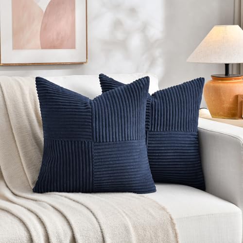 Image of Fancy Homi 2 Packs Navy Blue Samll Decorative Throw Pillow Covers 12x12 Inch with for Couch Bed Sofa, Rustic Farmhouse Boho Home Decor, Soft Corss Patchwork Corduroy Square Cushion Case 30x30 cm