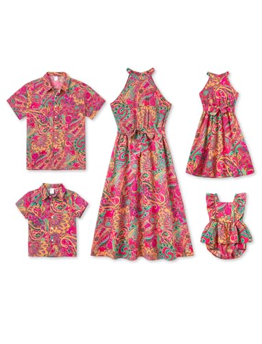 Image of PATPAT Family Hawaiian Matching Outfits - Mommy and Me Vacation Outfits | Halter Sundresses and Button Down Shirts,Caribbean Vacation Summer Tropical Outfits,Hawaiian Boho Tropical Floral Printed