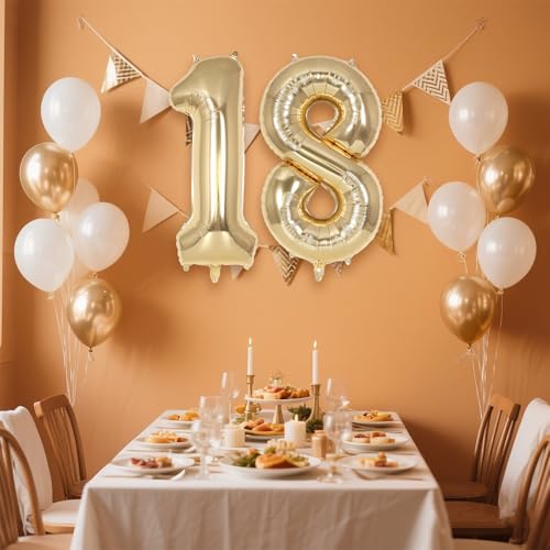 Image of Champagne Gold Large Number 18 Balloon, 40 Inch Light Gold Foil Helium Number Balloons, Giant Mylar Number 18 Balloons for 18 Years Old Birthday Party Anniversary Decorations (Champagne Gold 18)