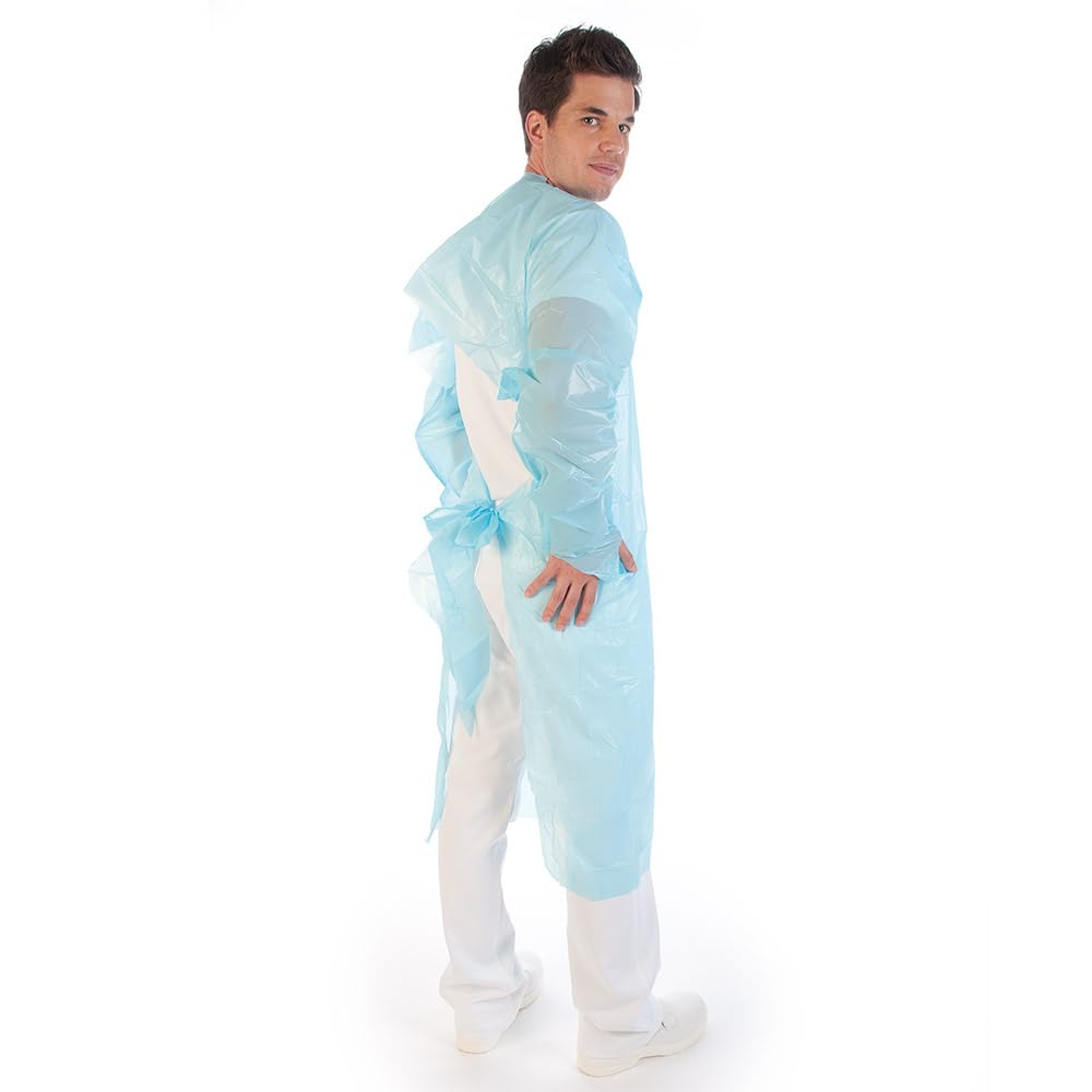 FRANZ MENSCH 100 Stück Hygonorm Kittel Med Light mit Daumenloch Light | CPE, blau, XL, L: 115cm, B: 100cm, Karton, Untersuchungskittel, Einwegkittel, Einmalkittel