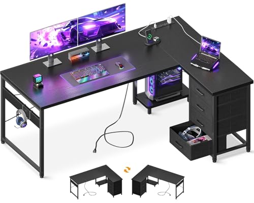 AODK L Shaped Gaming Desk with 4 Drawers, 61" Reversible Home Office Desks with Power Outlets, L Shaped Computer Desk with USB Charging Port and Host Stand, Corner Desk, Easy to Assemble, Black