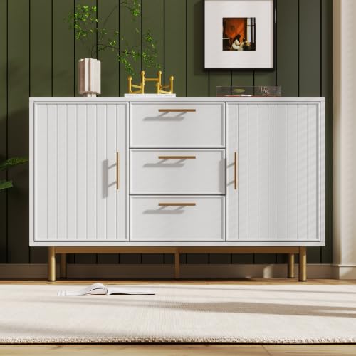 Merax Sideboard Cabinet for Living Room, Chest of Drawers with 2 Doors & 3 Drawers, Adjustable Shelf, Modern Design, White, 40D x 120W x 75H cm