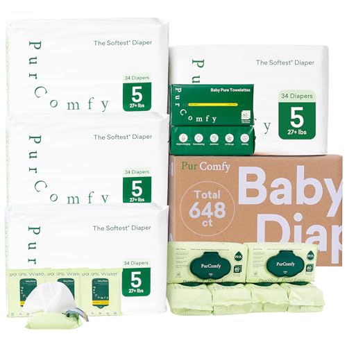 PurComfy Baby Diapers Essential Kit, 4 Pack Size 5 Diapers (136 Ct), 6 Baby Wipes (360Ct), 4 Travel Pack Wipes (32Ct) and 2 Dry Wipes (120Ct), All in