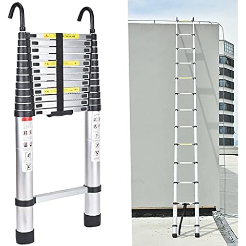 Multi-purpose Ladder, 5M Aluminium Telescopic Extension Ladder with Detachable Hooks, EN131 Folding Climb Retractable Ladders, Heavy Duty Attic Loft Roof Hook Kit Telescoping Ladder Max Load 150kg Cover