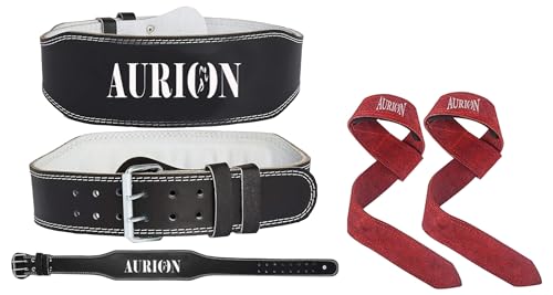 Image of Aurion premium Super Comfort and Durable Weight Lifting Belt (Large, Black, Pack of 1) & Aurion Fitness 1.5 Premium Genuine Leather Lifting Adjustable Wrist Straps (Maroon)