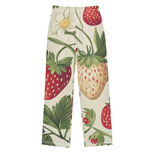 Strawberry and Floral Boys Long Pants Soft Trousers Elastic Waist Kids Lounge Bottoms with Pockets S-XL