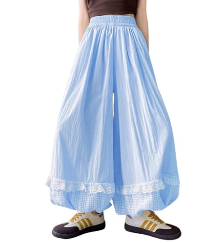 chouyatou Women's Y2k Wide Leg Bubble Pants Plaid Patch Balloon Culottes Baggy Parachute Capri Pants with Pockets