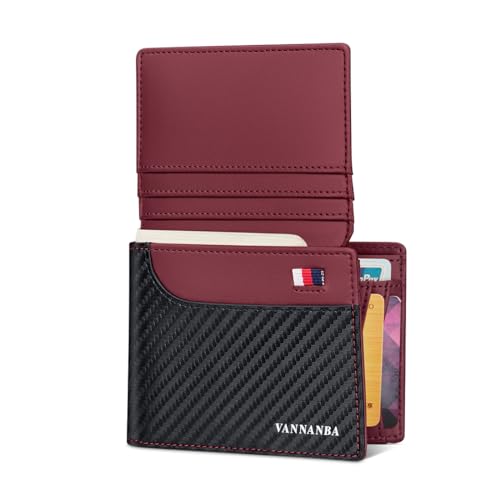 VANNANBA Mens Bifold Leather RFID Blocking Wallet with 2 ID Windows, Durable Genuine Leather Card Holder Wallet with Cash Compartment Carbon Black and Burgundy