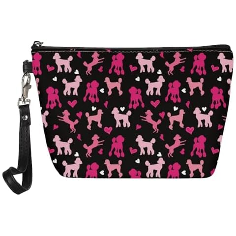SEANATIVE Cute Pink Poodle Make Up Bag Organizer Personalized Large Cosmetic Bag for Women, Love Heart Print Make Brush Pouch Beauty Toiletry Purse Cover