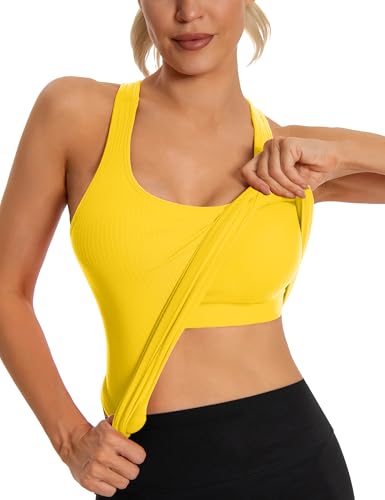 MathCat Seamless Workout Tank Top for Women with Built in Bra Padded Racerback Ribbed Athletic Yoga Camisole Lemon Yellow
