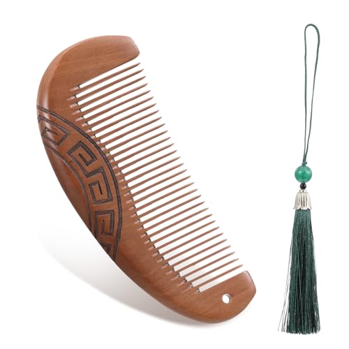 Mabor Fine-Tooth Peach Wood Comb for Women - Gentle Scalp Massage Wooden Comb with Tassel, Anti-Static & Portable for Thick/Curly Hair, Birthing/Labor Comb