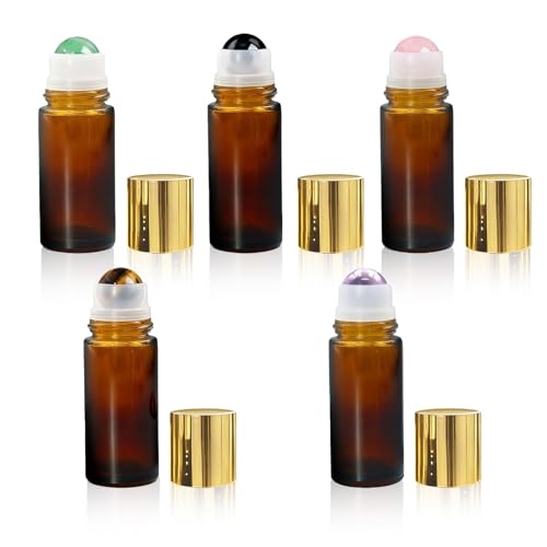 Warmify 5 in 1 Roller Bottles for Essential Oils, 50ml Refillable Amber Glass Roll On Bottles with Natural Crystal Roller Balls, Leak-Proof Travel Perfume Bottle with Gold Caps