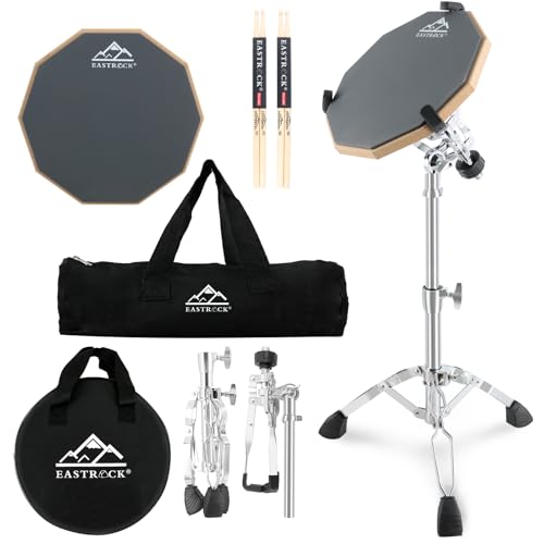 EASTROCK Practice Drum Pad Stand Bundles, 12 Inches Double Sided Silent Rubber Drum Pad, Rubber Dumb Drum with Drum Stand, 2*Drumsticks and Storage Bag for Beginners,gray