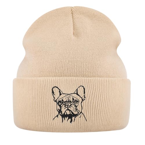 Geyoga Warme Weiche Wintermütze Winter Beanie Mütze Strickmütze mit Stickerei Kalte Mütze mit Hundestickerei Geschenk Strickmütze für Hundebesitzer(Beige,Französischer Hund)