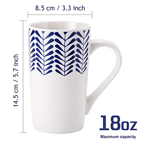 Youpeng Large Coffee Mug Set, Ceramic Mugs With Big Handle, Tall Coffee Mug For Men Or Women With Blue Hand-Painted Pattern, Big Coffee Mugs 18Oz Dishwasher&Microwave Safe, Set Of 4, White #TOP2