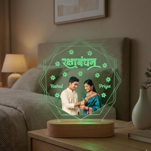 Image of Raksha Bandhan Personalized LED Table Lamp - Custom Photo Multicolor Acrylic Night Light for Brother & Sister - Name Printed Festival Gift