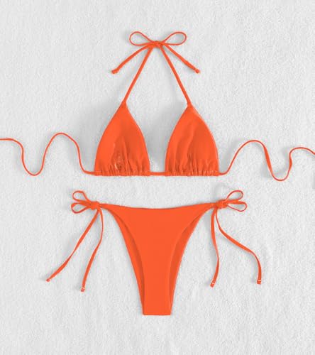 Image of Tainehs Women's Sexy Halter Thong Bikini Tie Two Sides Bottom Triangle Bikini Swimsuits