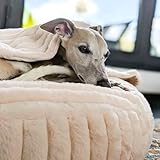 EDEL&SCHNELL Hundebett Bezug aus Nerz Kunstfell, Hundebettbezug 90 cm beige mit Kapuze, Ersatzbezug für Hundebett Flocke, Cosybed, Hyggebed