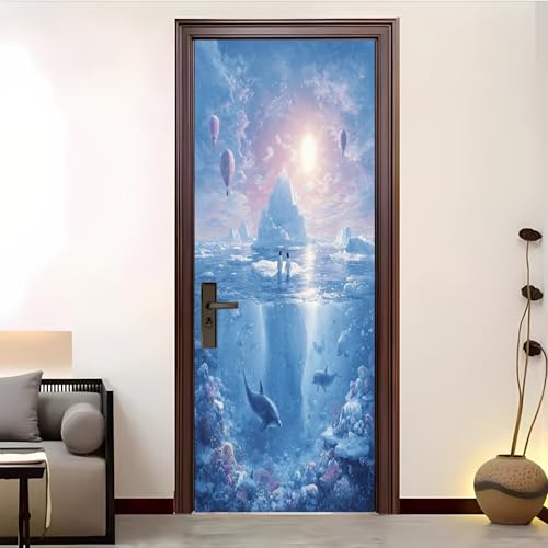 Vinilo Autoadhesivo Para Puerta 88x200 cm Animales Marinos Del Iceberg Pegatinas Puertas Impermeables, ExtraíBles Sin Residuos Azul Para DecoracióN De Dormitorio, BañO u Oficina