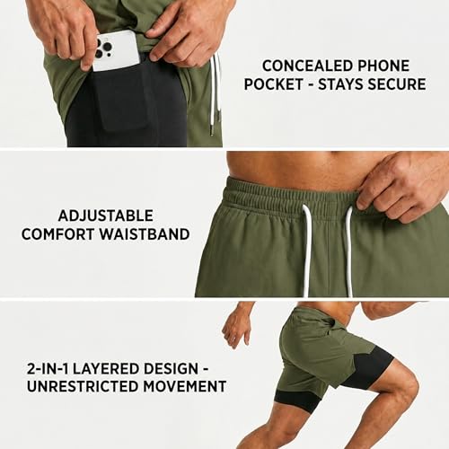 Image of Boldshark Men's 2-in-1 Running Shorts with Inner Compression Layer, Quick-Dry Sports Shorts with Phone Pocket for Gym, Running & Training