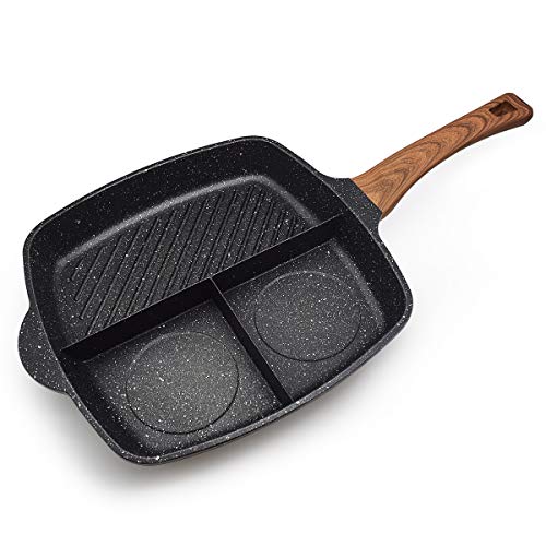 3 Section Meal Skillet Fast Cook Breakfast Pan 3-in-1 Grill Pan  