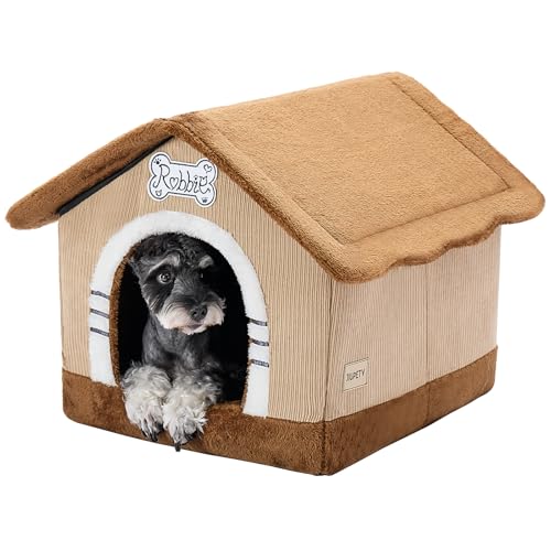 Jiupety Hundehöhle Hundehütte Indoor mit Rahmen, Gemütliche Hundehaus für Drinnen, Hundebett mit Dach für 7-14 kg, XL Größe 51x46x46 cm, Brown