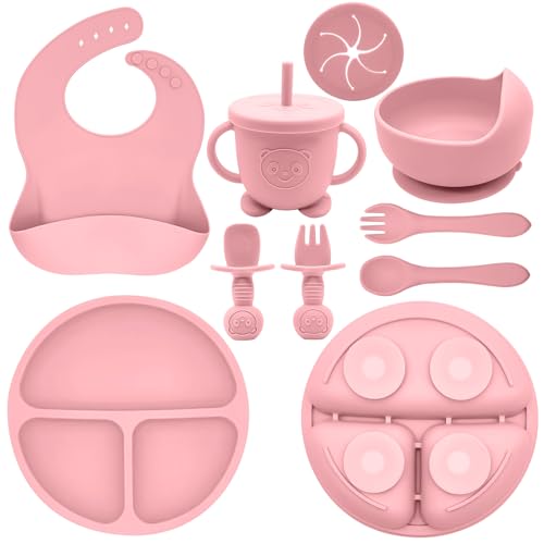 Image of Munlinder Silicone Baby Feeding Set | Baby Led Weaning Supplies Includes Suction Bowls and Divided Plates, Adjustable Bib, Baby Utensils Spoons and Forks,Cup | Baby Feeding Essentials (Pink)