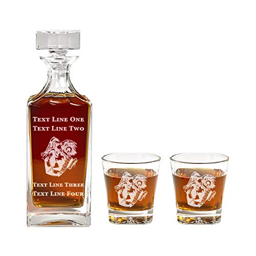 USMC Semper Fidelis Decanter Set - 900ml Engraved Decanter w/US Marine Corps - Retirement Gift, Gift for Promotion, Unique Gift - Military Present - Marine Corps Gifts for Men and Women
