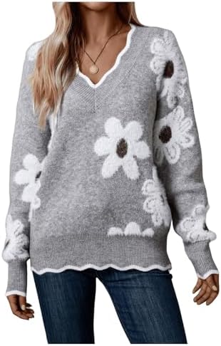 SHENHE Women's Floral V Neck Colorblock Long Sleeve Sweater Scalloped Pullover Knit Top Grey Large