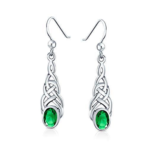 Celtic Knot Work Love Knot Kelly Green Dangle Earrings Fish Hook Oval Simulated Emerald Glass 925 Sterling Silver