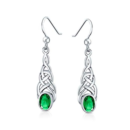 Celtic Knot Work Love Knot Kelly Green Dangle Earrings Fish Hook Oval Simulated Emerald Glass 925 Sterling Silver