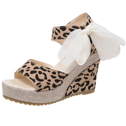 Women's Leopard Open Toe Buckle Ankle Strap Platform Wedge Sandals Summer Comfortable Shoe Low Heel Dressy Sandals