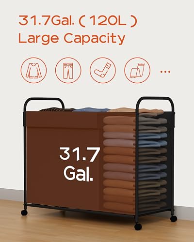 CASAMAYA Laundry Basket with Wheels, 3-Section Rolling Laundry Hamper, Laundry Sorter with Removable Liner, Steel Frame with Handle, 150L, 29.1 x 13 x 25.2 Inches, Black, LHC150B01