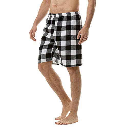 Shorts masculinos de flanela xadrez simples de verão com cintura elástica para casa, pijama, shorts