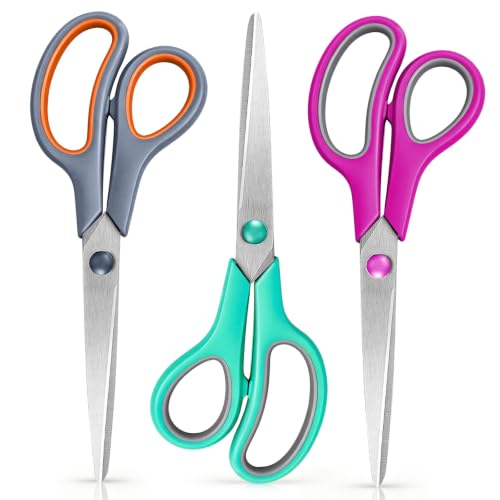 Scissors 8.5 Inch scissors all purpose for Office, Home, Sewing,and Crafts,Soft Comfort-Grip Right/Left Hand 3-Pack, Multicolor
