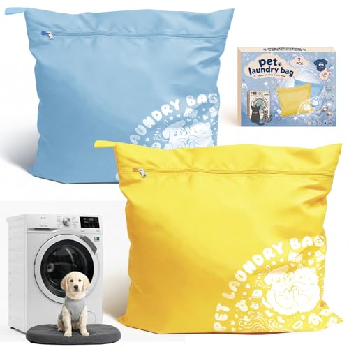 2PCS Pet Laundry Wash Bag for Washing Machine 70x80cm Large Capacity Pet Laundry Bag for Dog Cat Rabbit Guinea Pig Upgraded Tear-resistant Fabric Keep Laundry Free from Pet Hair Blue & Yellow