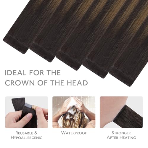 Image of WENNALIFE Invisi Edge Tape in Hair Extensions Human Hair,#2 /6 /2,14 Inch | 14 Inch 25g 10pcs Balayage Dark Brown Mixed Chestnut Brown Invisi Remy Hair tensions Seamless Injected Straight