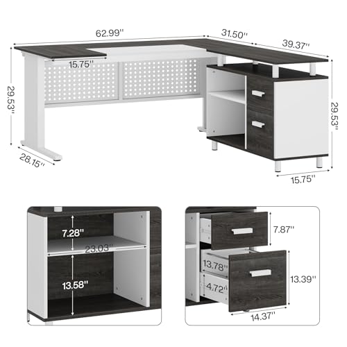 Image of Tribesigns 63 Inch Executive Desk with File Cabinet, L Shaped Office Desk with Drawers and Storage Shelves, Business Furniture Set Workstation for Home Office, Gray and White