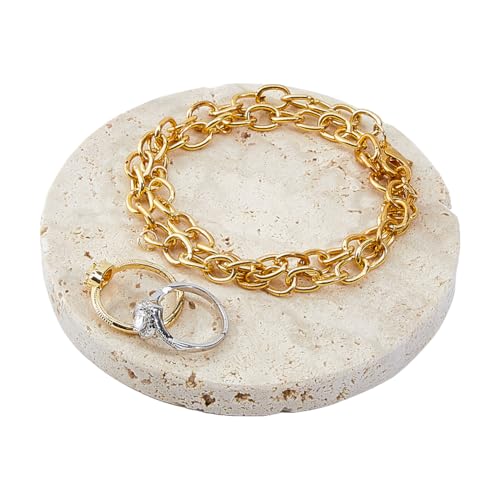 DICOSMETIC Bandeja de joyería de mármol natural 10 cm plana redonda piedra bandeja decorativa de mármol para joyas, bandeja pequeña de piedra para anillos, pendientes, collares, cadenas, beige