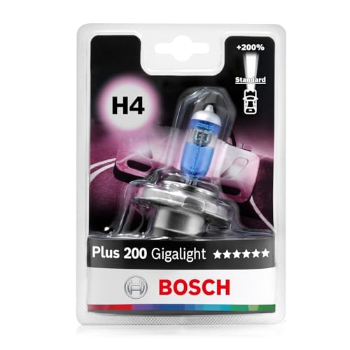 Bosch H4 Plus 200 Gigalight, Lampadina Alogena para Faro Delantero, 12 V 60/55 W, 200% Más Luz   Casquillo Tipo P43t   Recambio de Luz para Coche, Paquete de 1 Lámpara