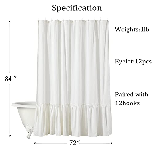 Estmy Extra Long Shabby Chic Farmhouse Cotton Shower Curtain 84 Inch In White, Water Repellent Quality Gypsy Ruffle French Country Cottage Shower Curtain Shabby Chic Farmhouse Bathroom Decor #TOP2