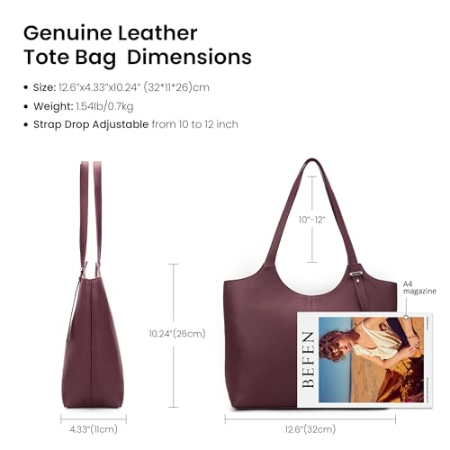 Image of befen Genuine Leather Tote Bags for Women, Real Leather Shoulder Handbags Satchel Purses with Adjustable Strap