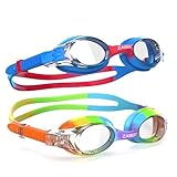 ZABERT (ザバート) 子供用水泳ゴーグル 2個パック スイミングゴーグル キッズ ガールズ ボーイズ 幼児 ユース ジュニア 子供 赤ちゃん 年齢 3 4 5 6 7 8 9 10 11 12歳 曇り止め クリア レインボー ブルー レッド