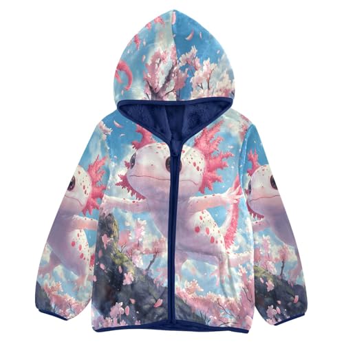Cute Axolotl Pink Cherry Blossoms Toddler Fleece Jacket Girl Boys Hooded Fleece Jacket Coat Warm Outwear Zip-up 3-10T