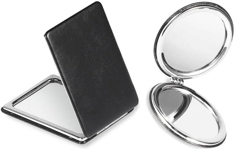 YNHIAGCompact Mirror, 2 Pack Double-Sided 1X/2X Magnifying Metal Pocket Makeup Mirrors Travel Black Portable Mirror for Men, Women (Black, 3.1" Round & 3.3" Rectangle)