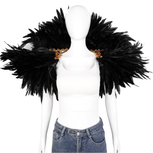Feather Shoulder Cape for Women – Gothic Festival Costume Cloak with Beaded Epaulettes – Halloween Carnival Stage Accessory