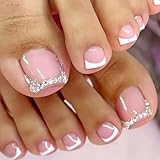 24 Stück French Pediküre Glitzer Press On Fußnägel - Kurze Quadratische Französische Zehennägel, Vollständig Abdeckende Nagelspitzen, Toe Nails für Frauen Nail Art, 12 Größen (Weiß Fußnagel)